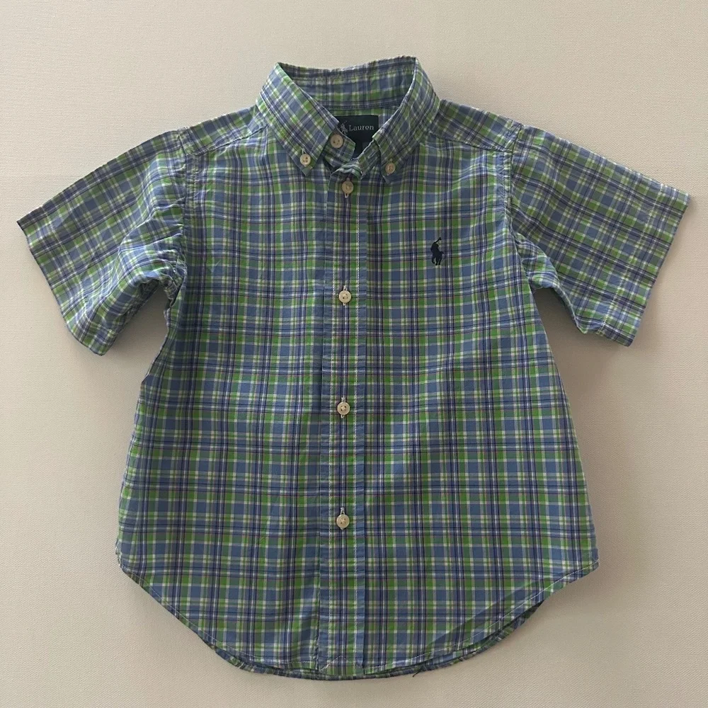 Ralph Lauren 2T Toddler Boy Blue Green Short Sleeve Shirt Spring Summer